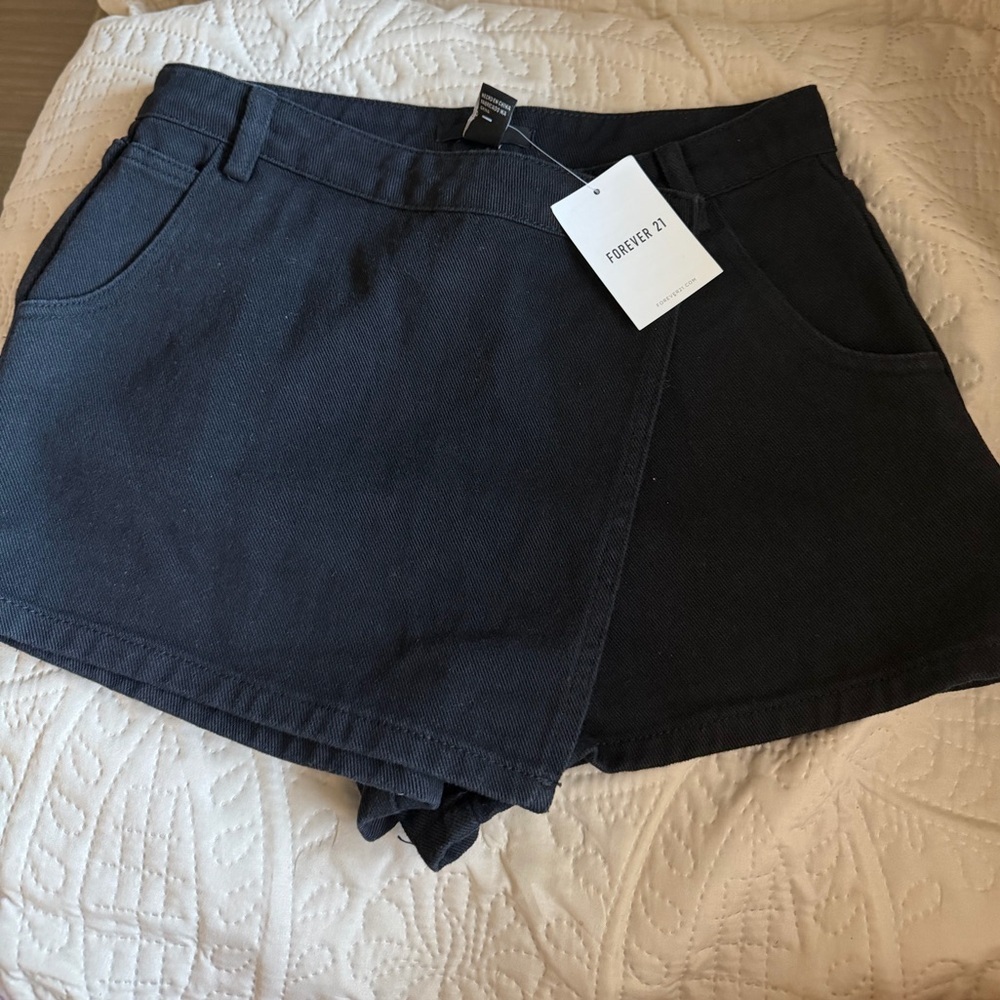Forever 21 Black Denim Wrap-Front Skort Shorts